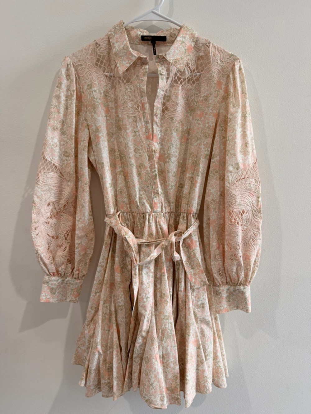 Maje Pink Cream Floral Lace-Trim Long Sleeve Shirt Dress